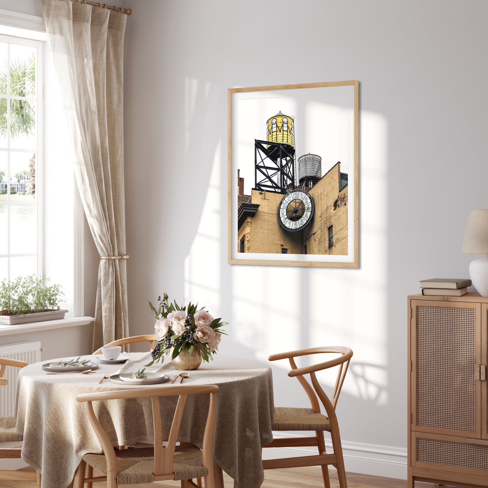 Water Tower painted by STIK with clock in East Village Manhattan New York City