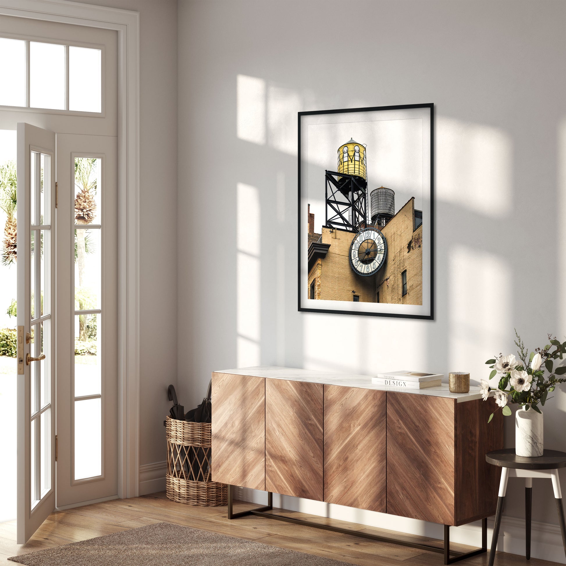 Water Tower painted by STIK with clock in East Village Manhattan New York City