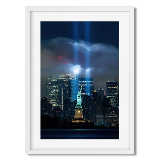 Fine art print of 911 Tribute in Light and Statue of Liberty NYC