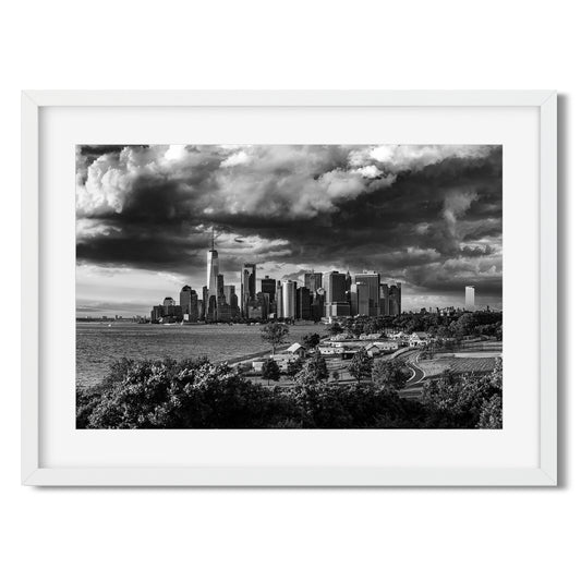 Lower Manhattan Skyline under storm clouds 2024