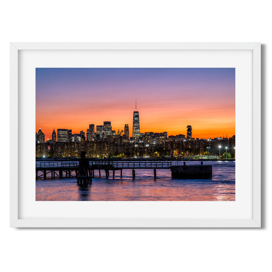 Fine art print of Orange Sunset Color Splash on East River and Lower East Manhattan New York City