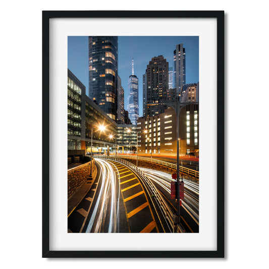 Light trails in Lower Manhattan at night 2024