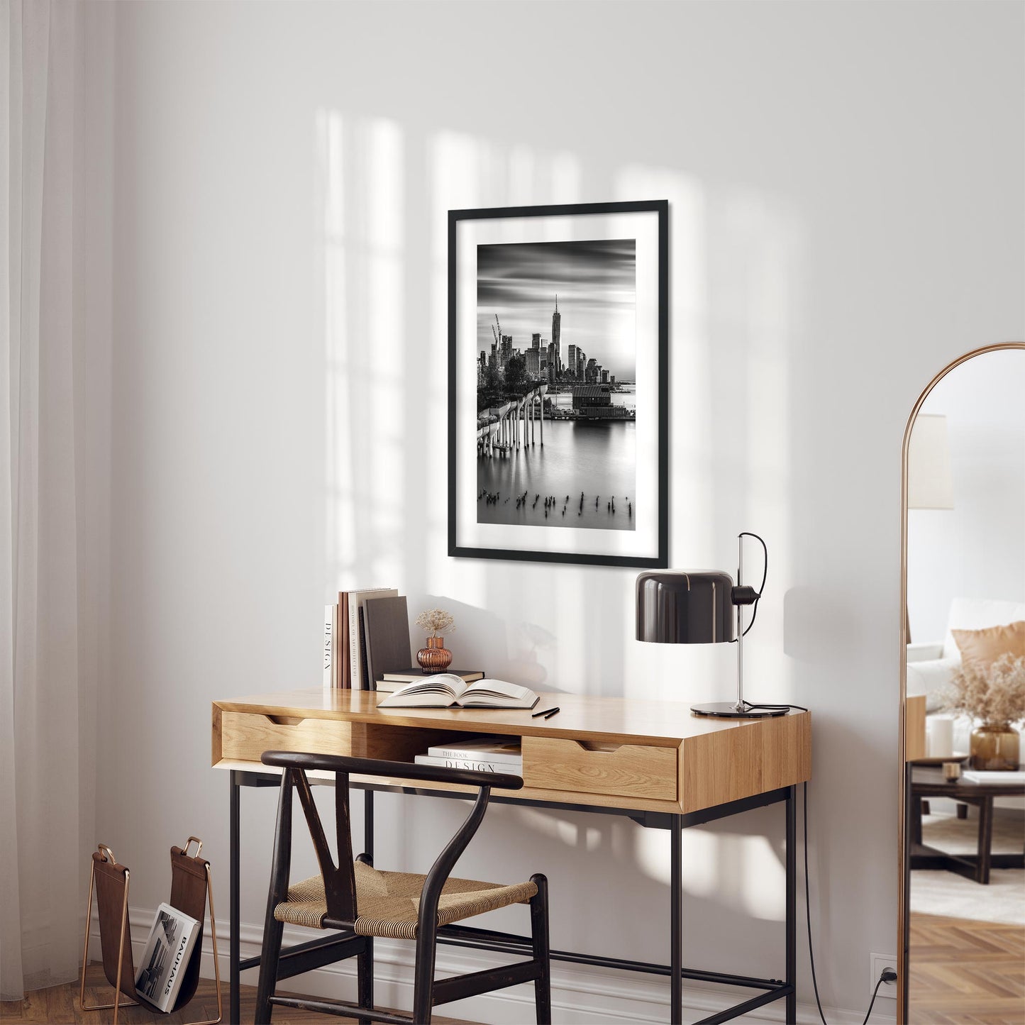 New York Cityscape Photography Black and White Fine Art Print of Little Island and Lower Manhattan Skyline