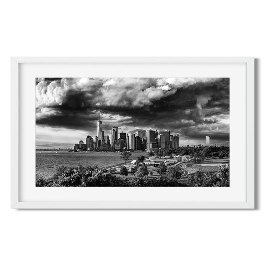 Lower Manhattan Skyline under storm clouds 2024