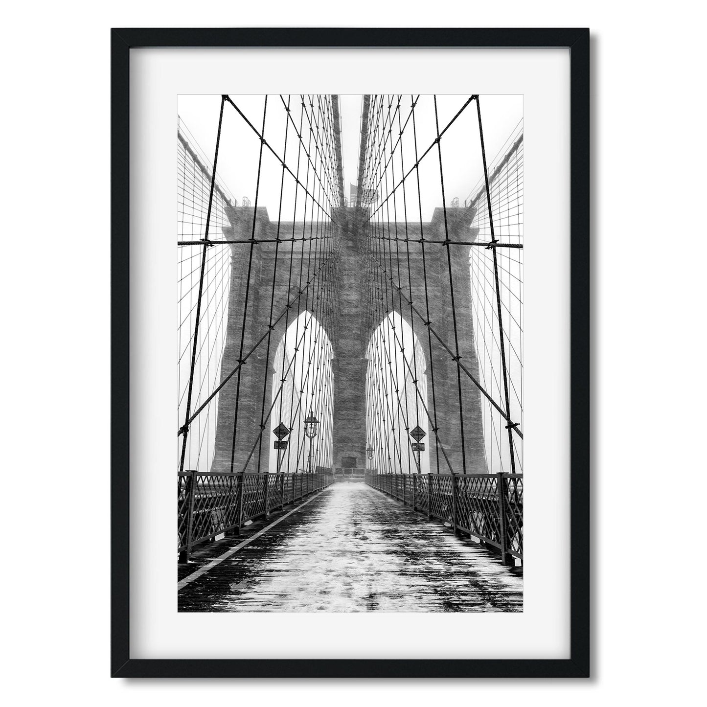 Black and white fine art print of Brooklyn Bridge in Blizzard New York City