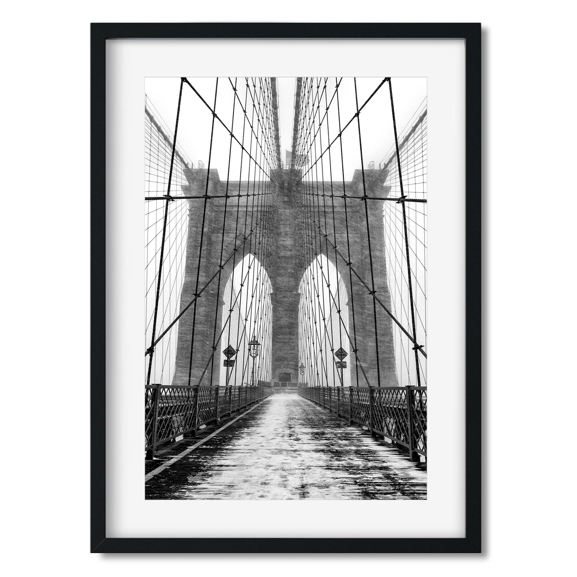 Black and white fine art print of Brooklyn Bridge in Blizzard New York City