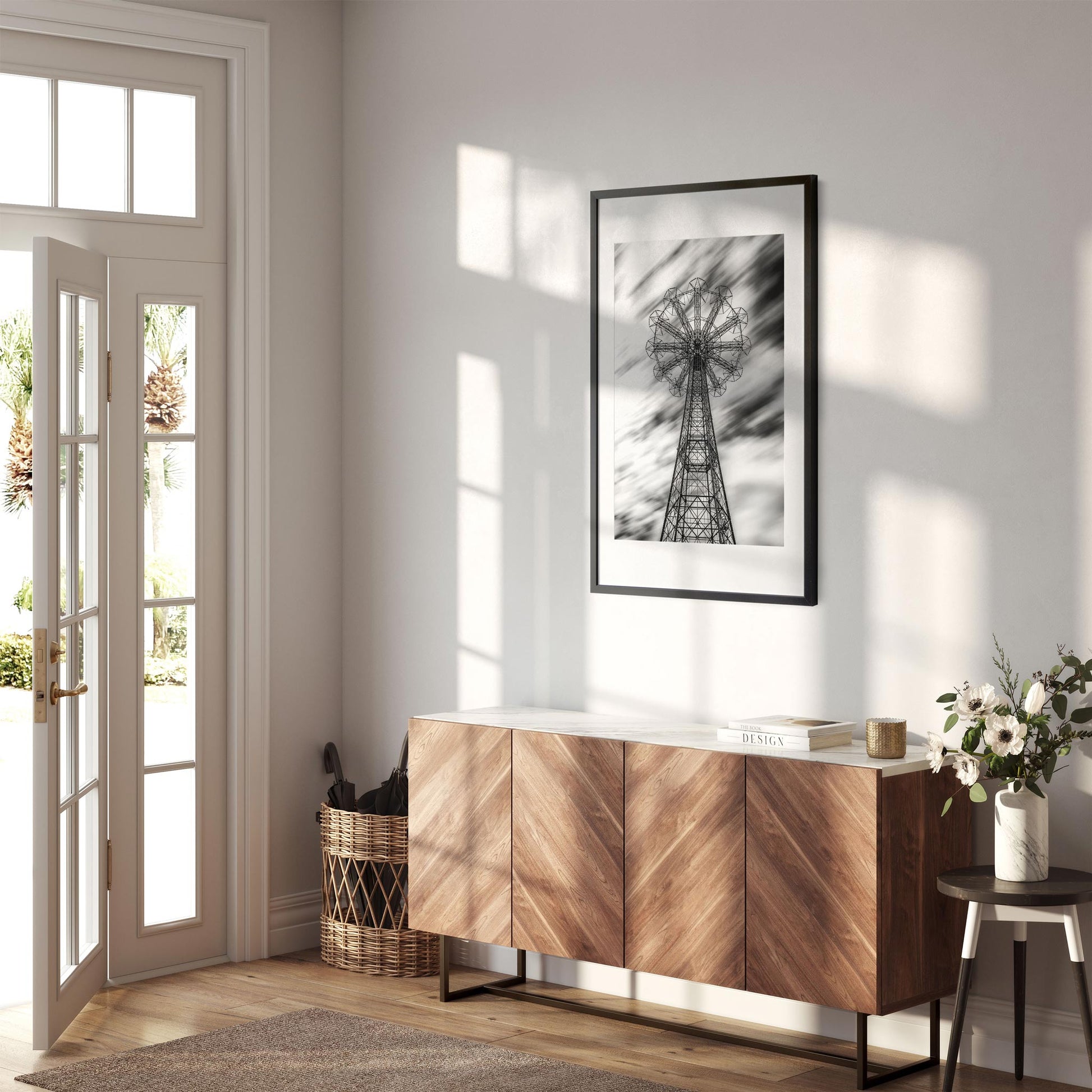 Black and white fine art print of Former Parachute Jump Ride Brooklyn New York