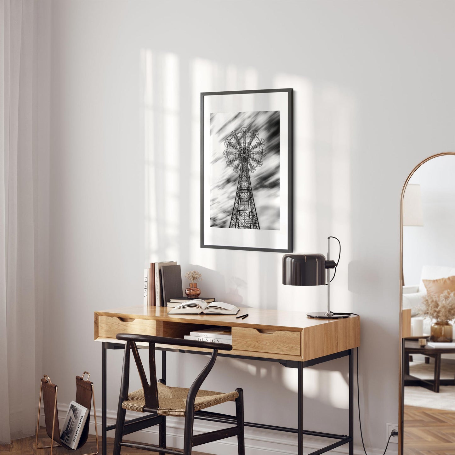 Black and white fine art print of Former Parachute Jump Ride Brooklyn New York