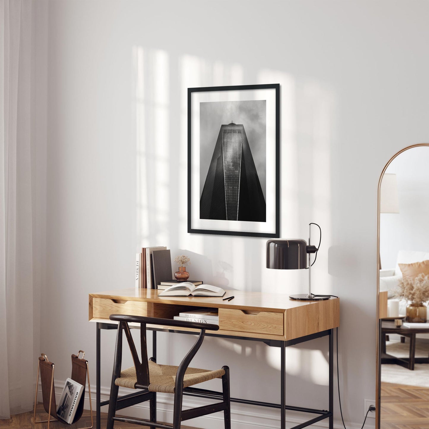 Black and white fine art print of One World Trade Center Lower Manhattan NYC