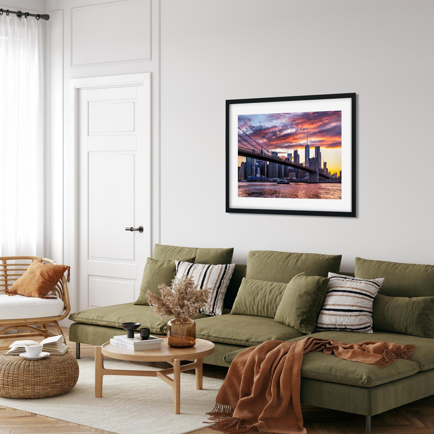 Fine art print of Amazing Sunset Color Over Lower Manhattan and Brooklyn Bridge NYC