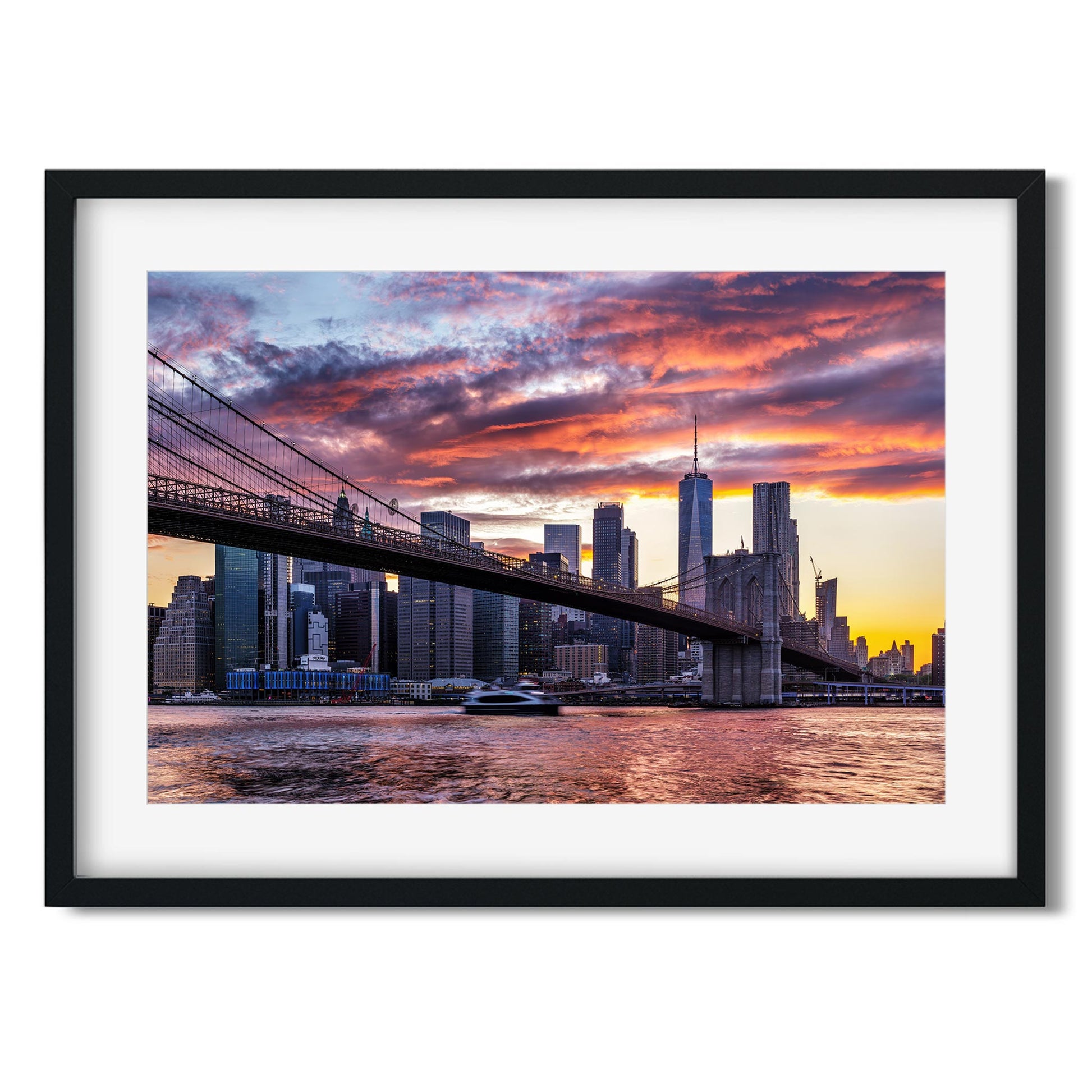 Fine art print of Amazing Sunset Color Over Lower Manhattan and Brooklyn Bridge NYC