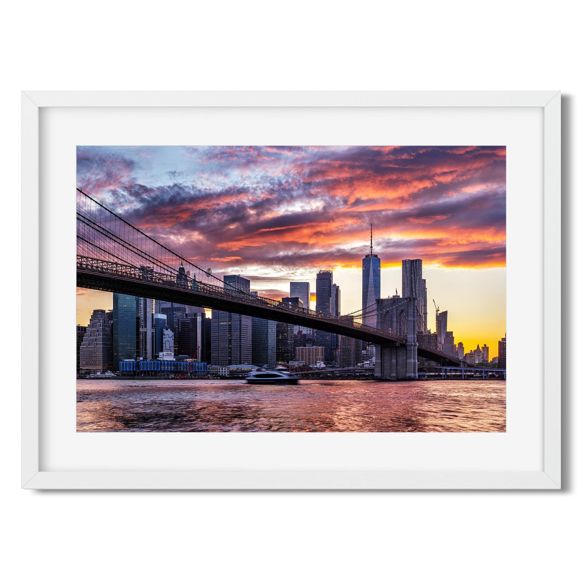 Fine art print of Amazing Sunset Color Over Lower Manhattan and Brooklyn Bridge NYC