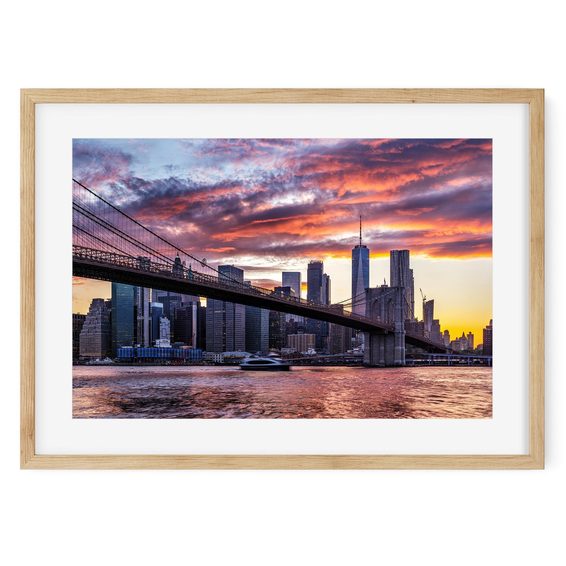Fine art print of Amazing Sunset Color Over Lower Manhattan and Brooklyn Bridge NYC