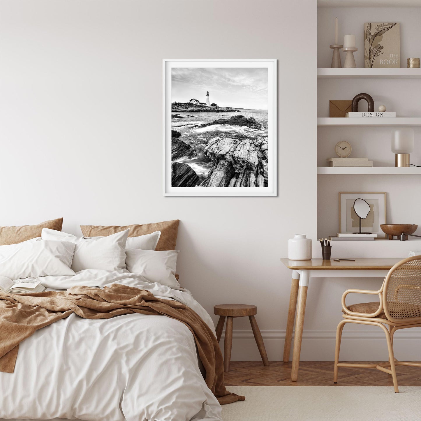 Black and white fine art print of Portland Head Light in Maine