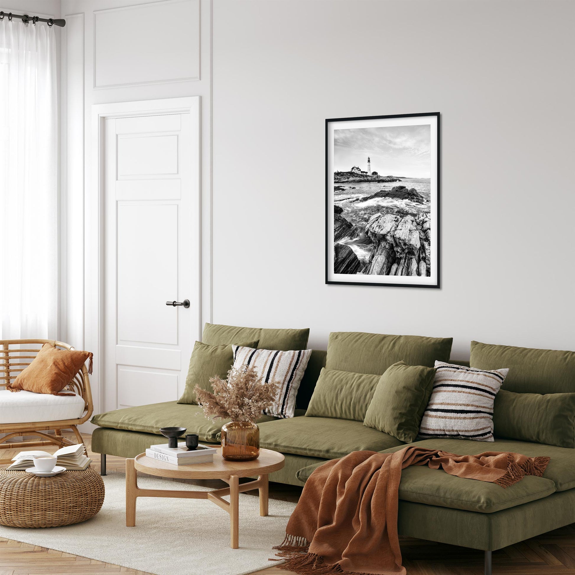 Black and white fine art print of Portland Head Light in Maine