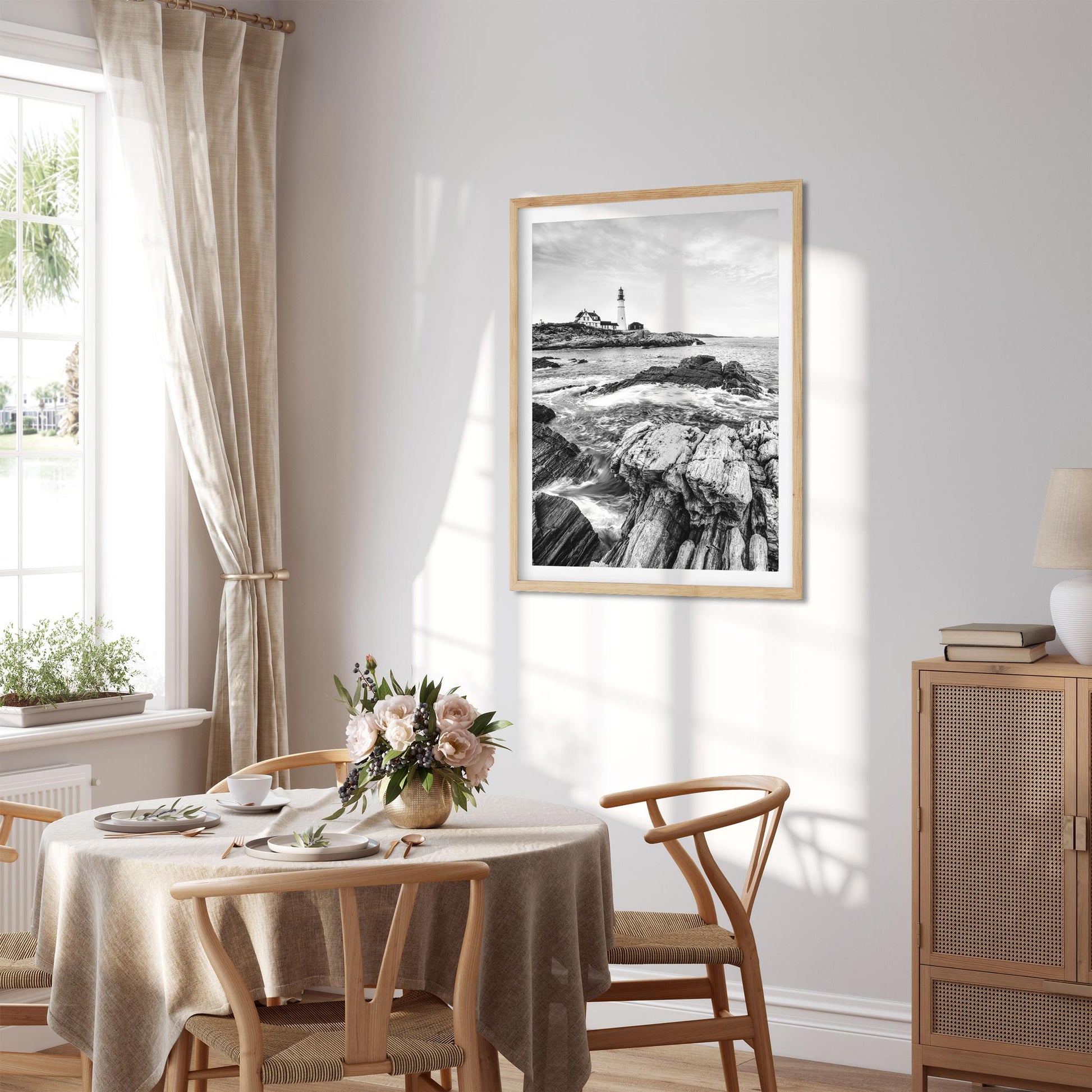 Black and white fine art print of Portland Head Light in Maine