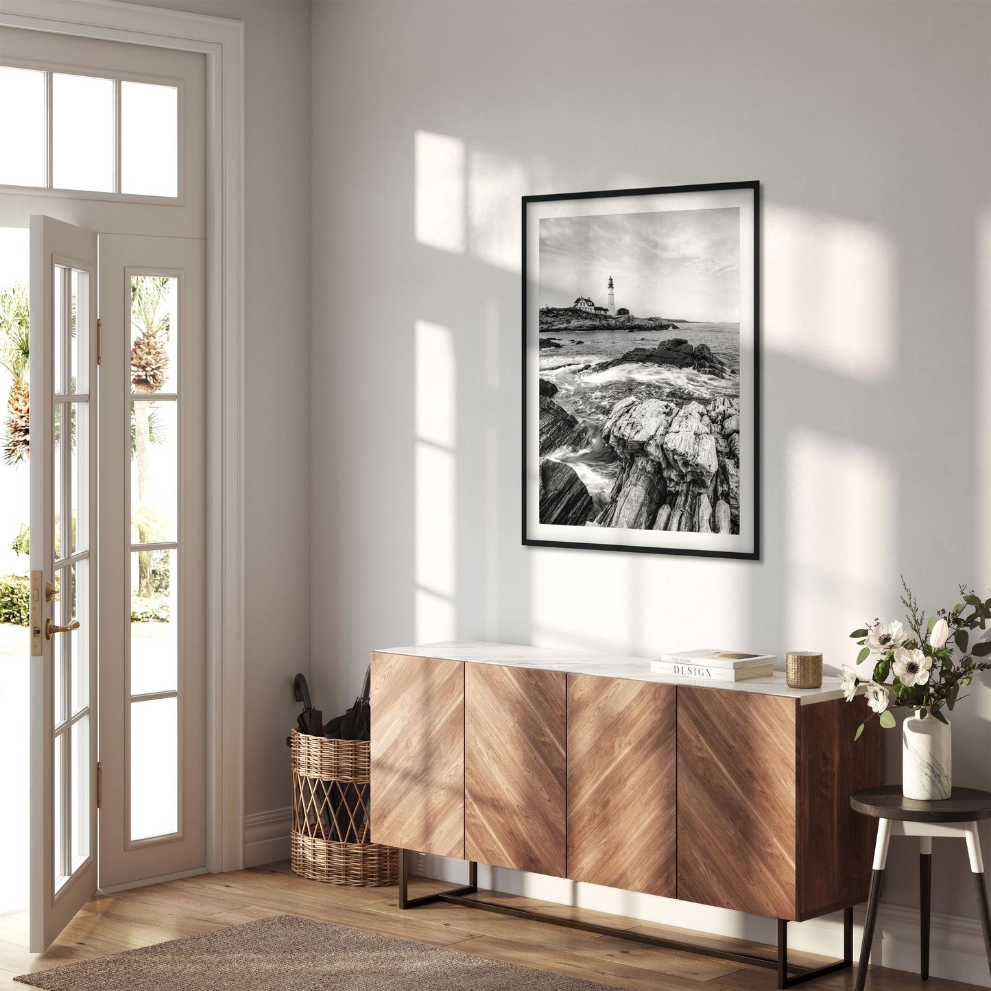 Black and white fine art print of Portland Head Light in Maine