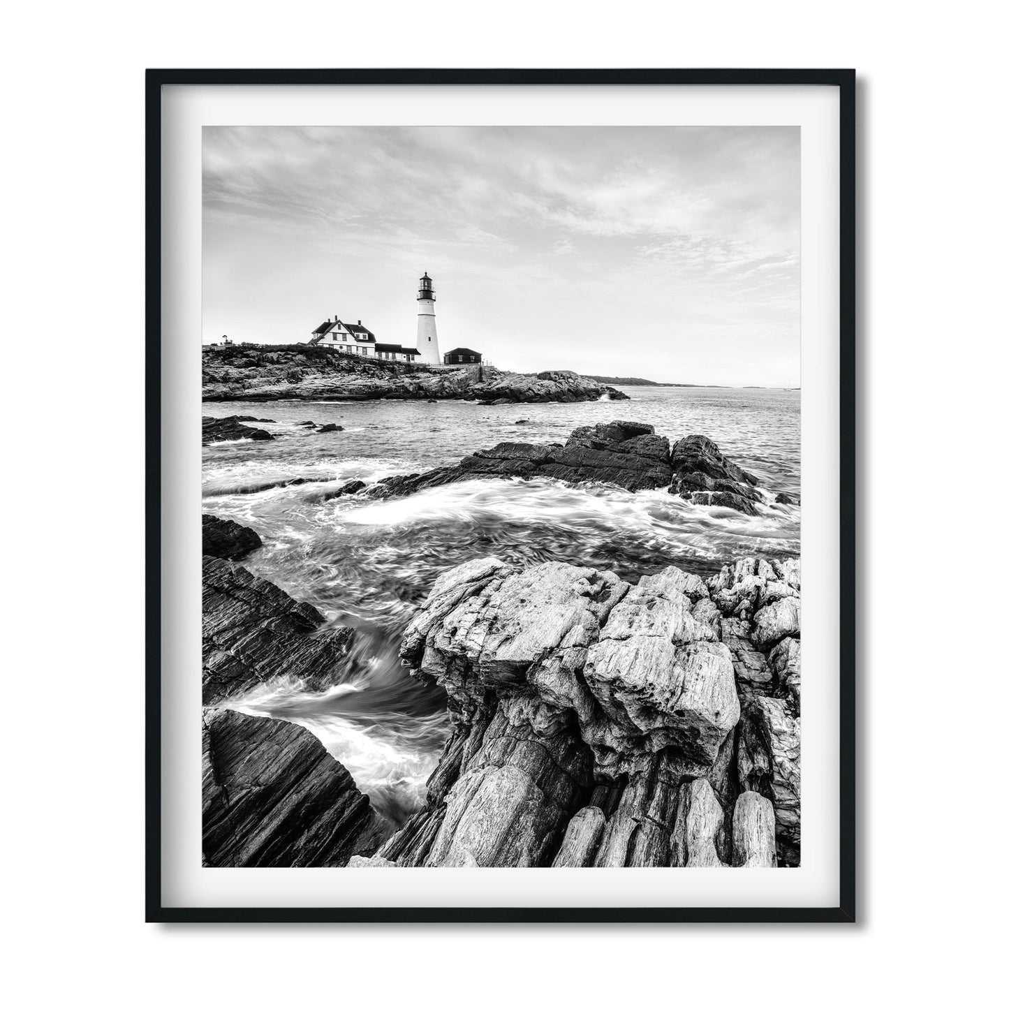 Black and white fine art print of Portland Head Light in Maine
