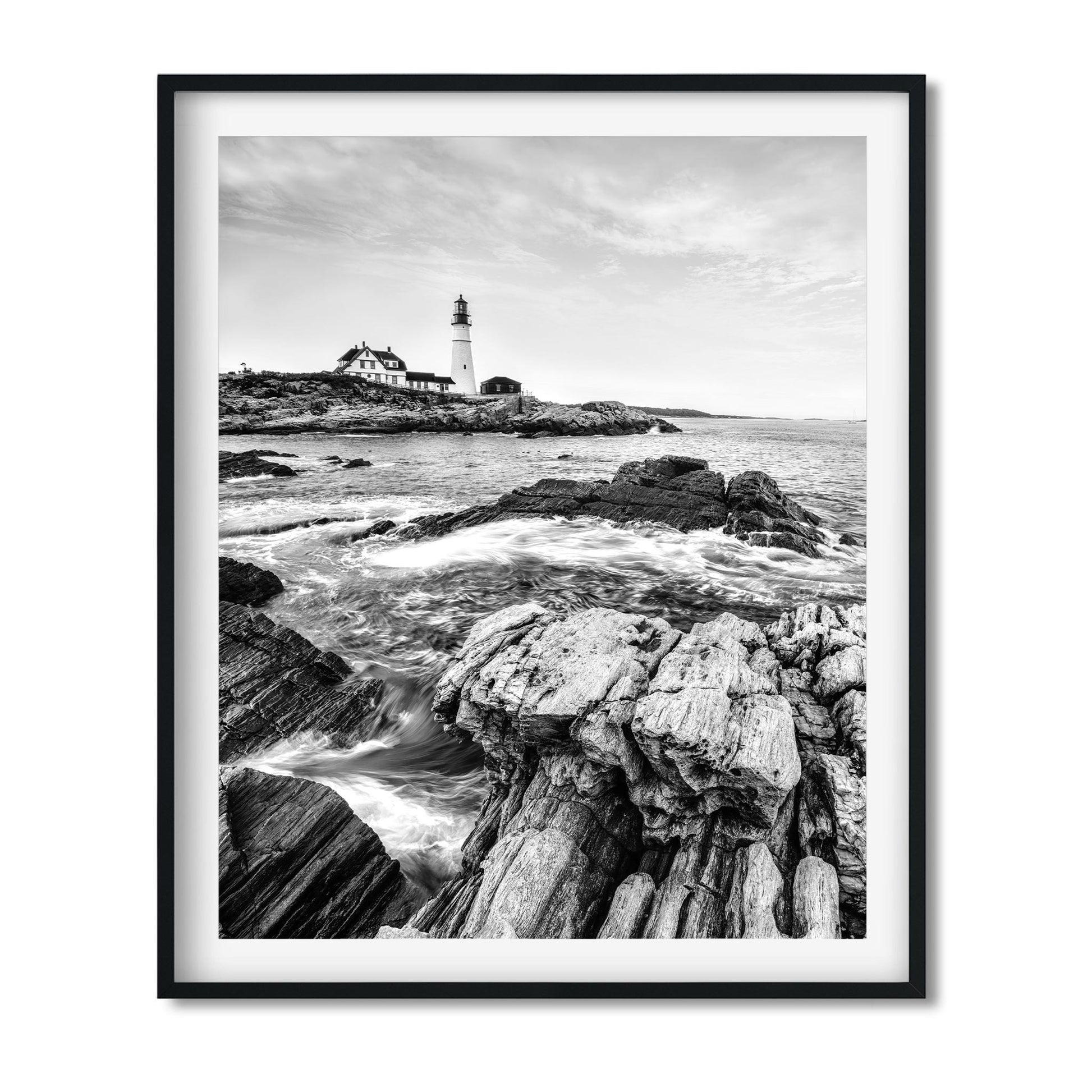 Black and white fine art print of Portland Head Light in Maine