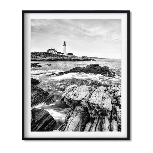 Black and white fine art print of Portland Head Light in Maine