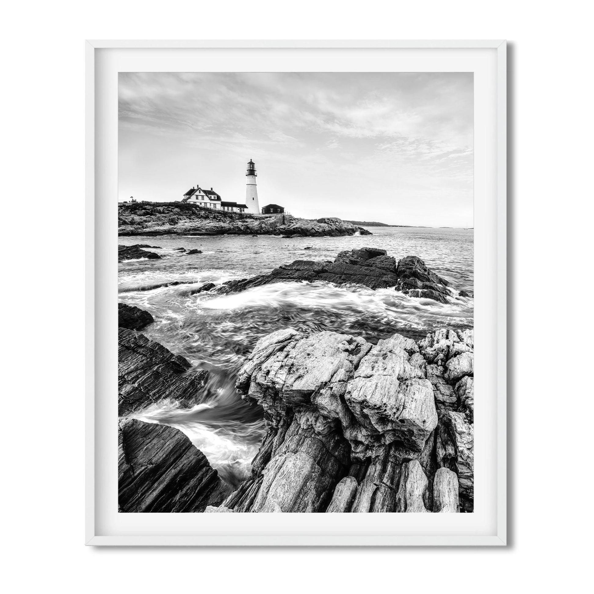 Black and white fine art print of Portland Head Light in Maine