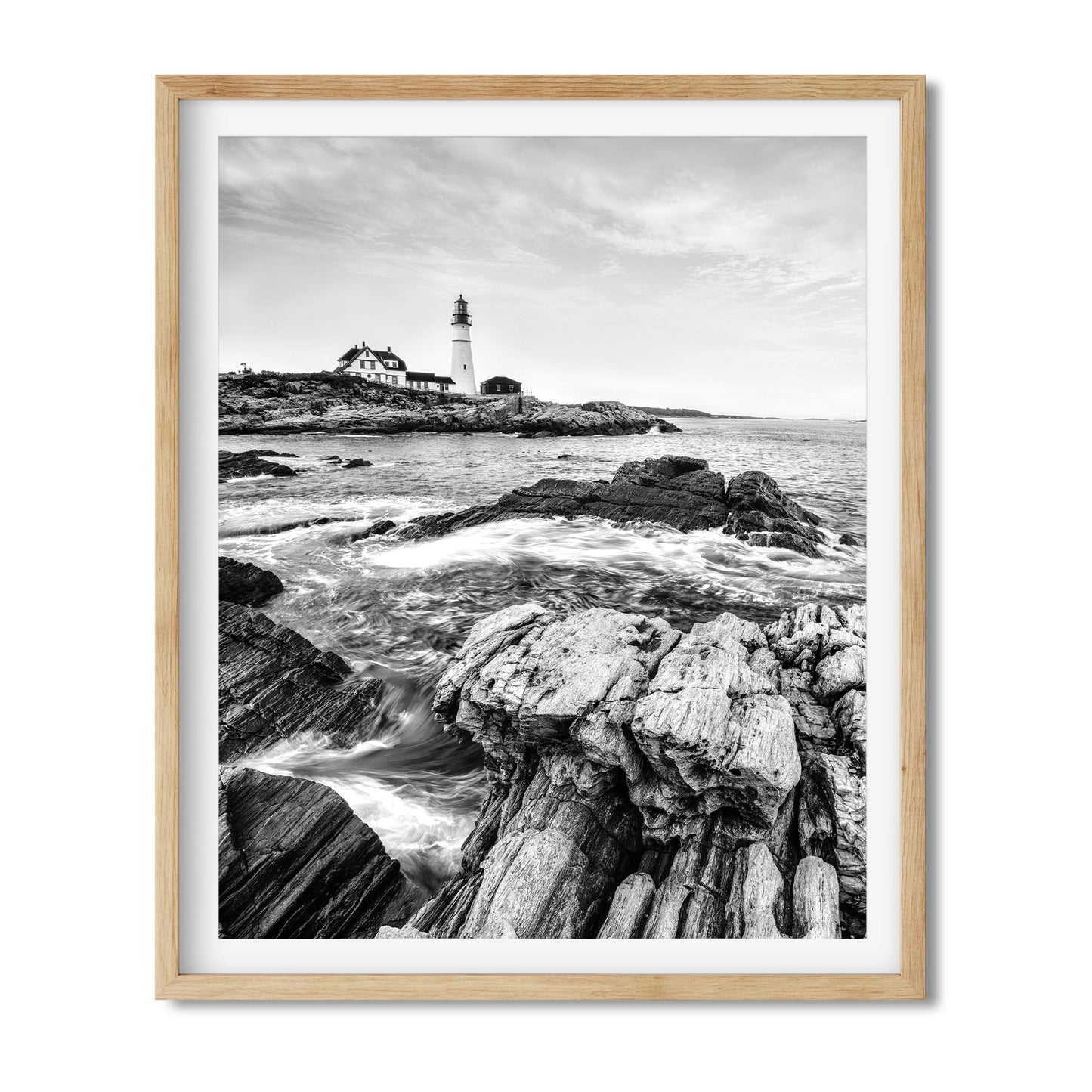 Black and white fine art print of Portland Head Light in Maine