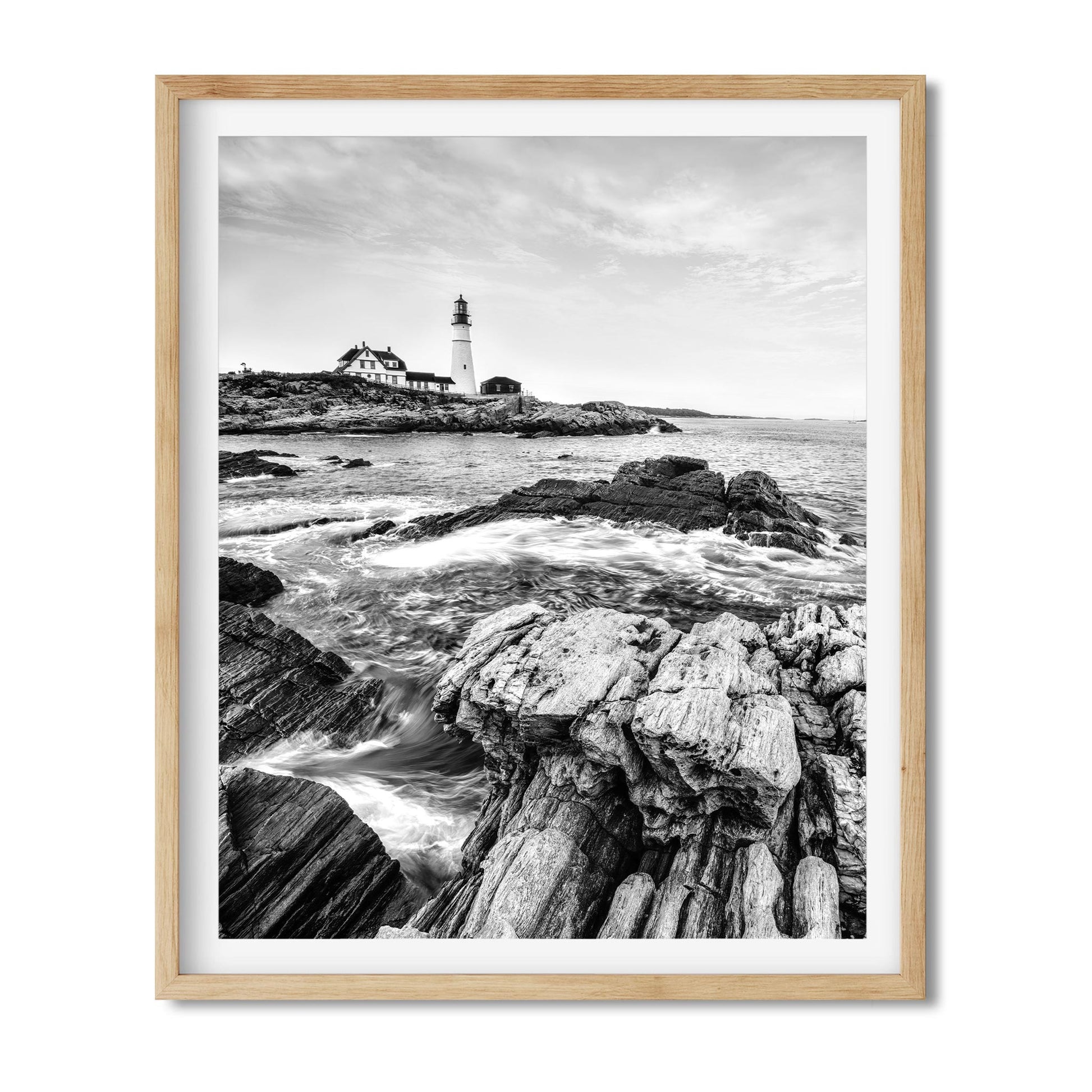 Black and white fine art print of Portland Head Light in Maine