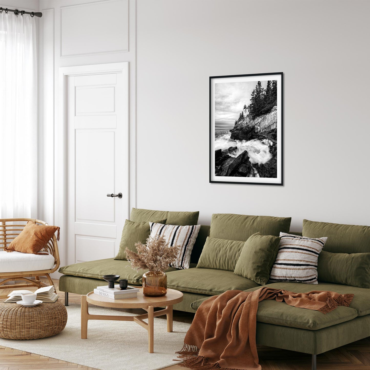 Black and white fine art print of Rainy Morning at Bass Harbor Head Light in Maine