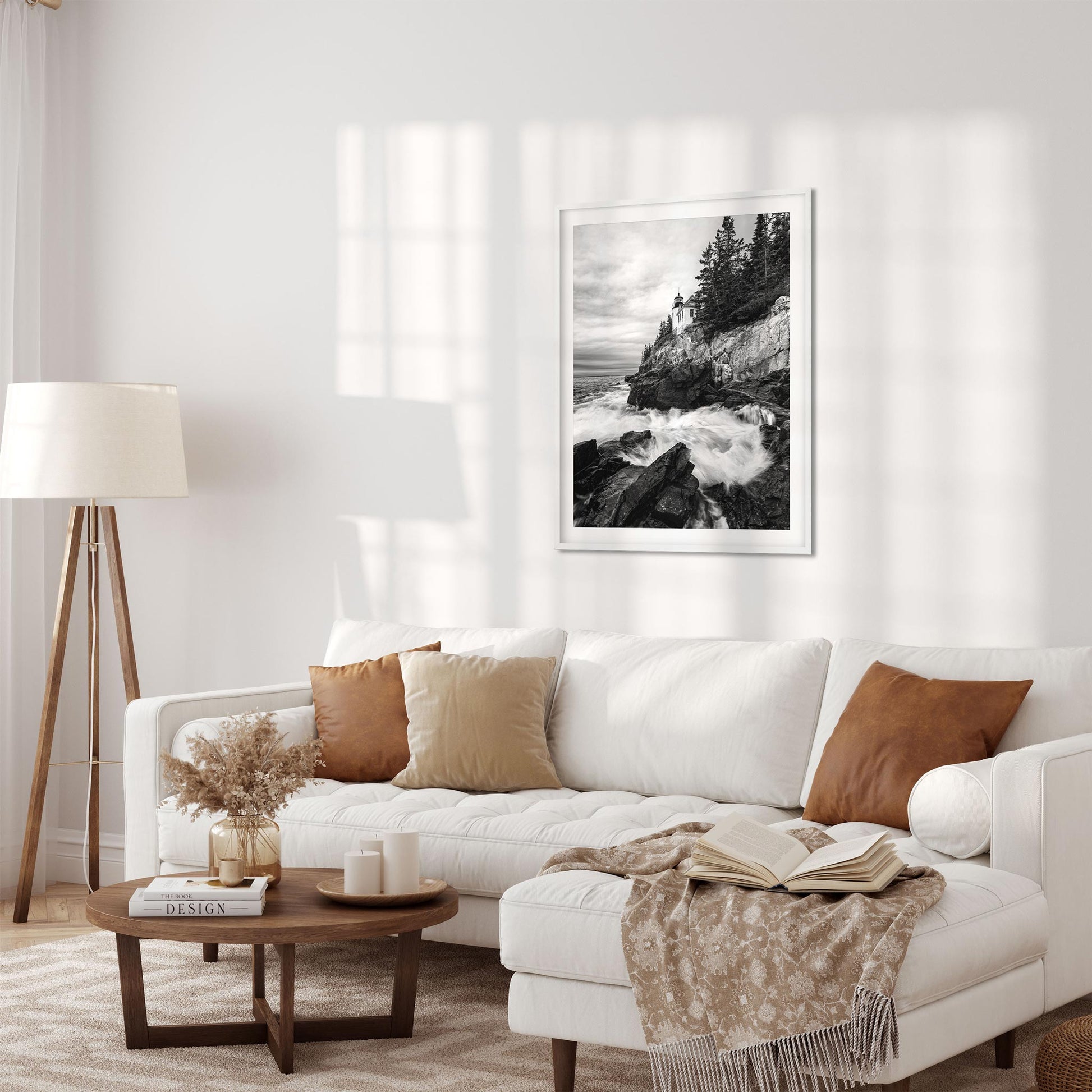 Black and white fine art print of Rainy Morning at Bass Harbor Head Light in Maine