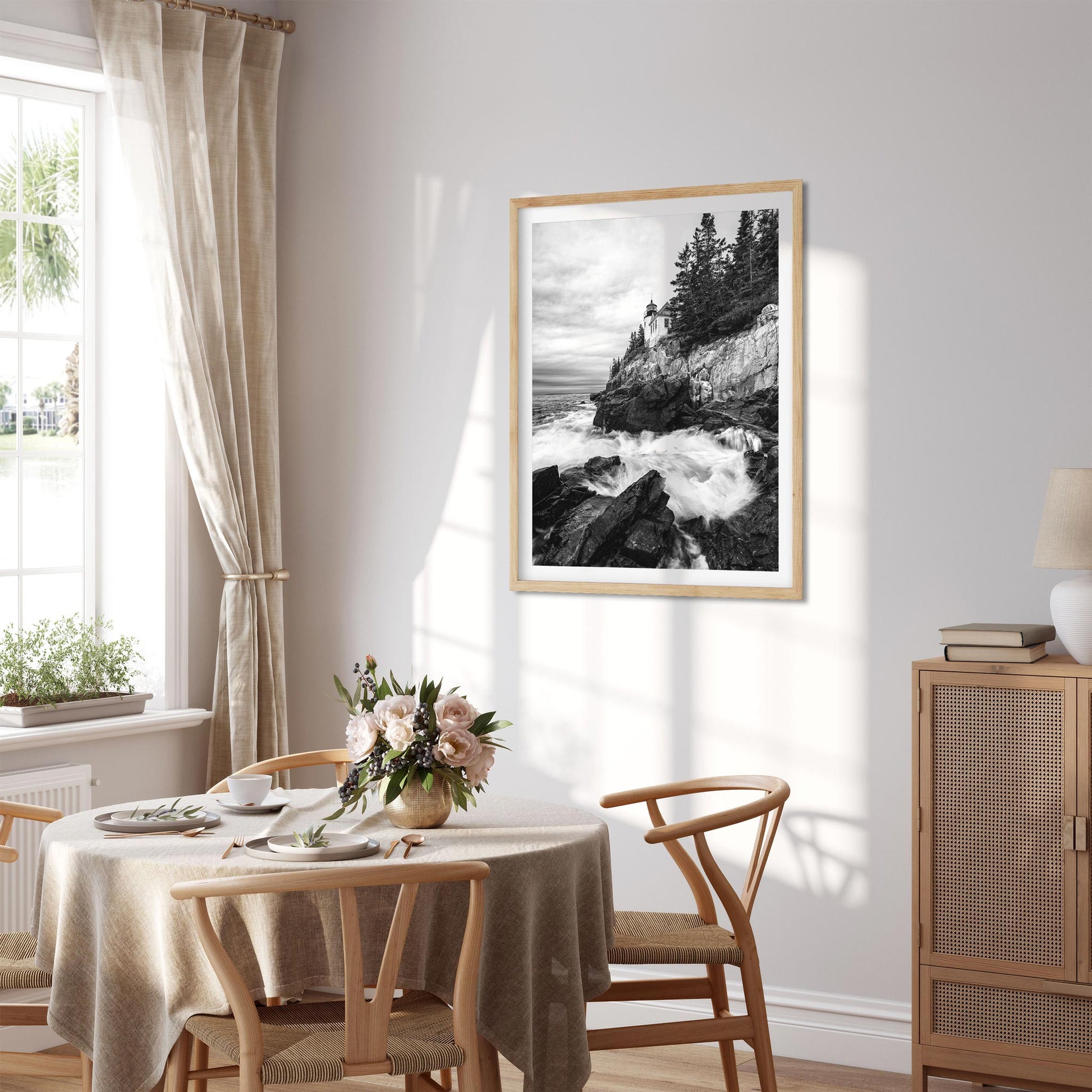 Black and white fine art print of Rainy Morning at Bass Harbor Head Light in Maine