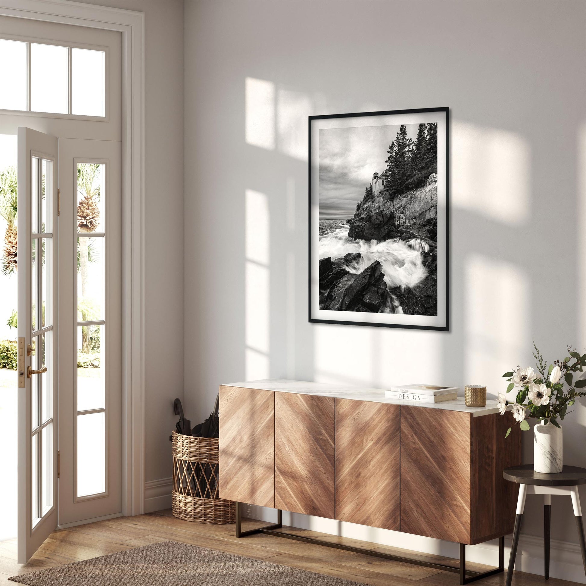 Black and white fine art print of Rainy Morning at Bass Harbor Head Light in Maine