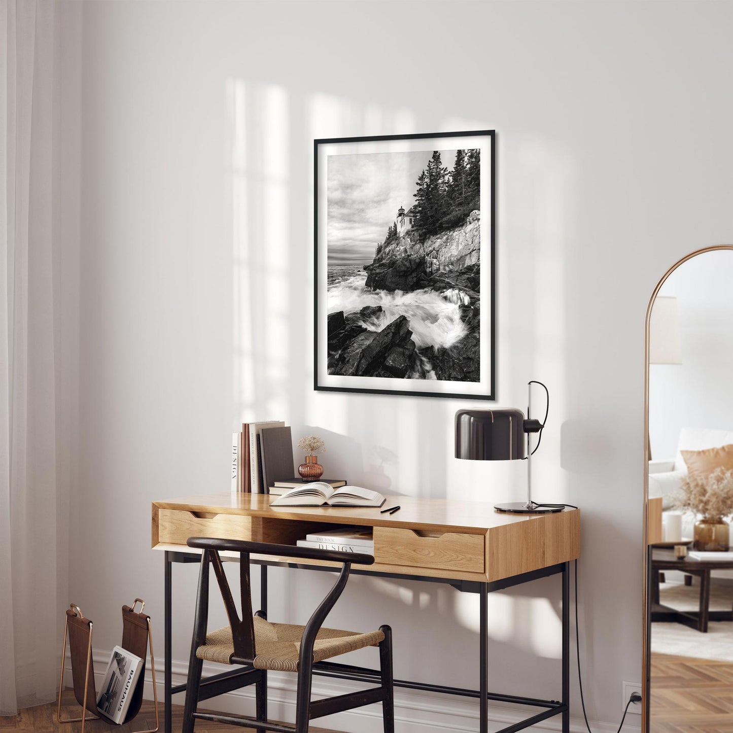 Black and white fine art print of Rainy Morning at Bass Harbor Head Light in Maine