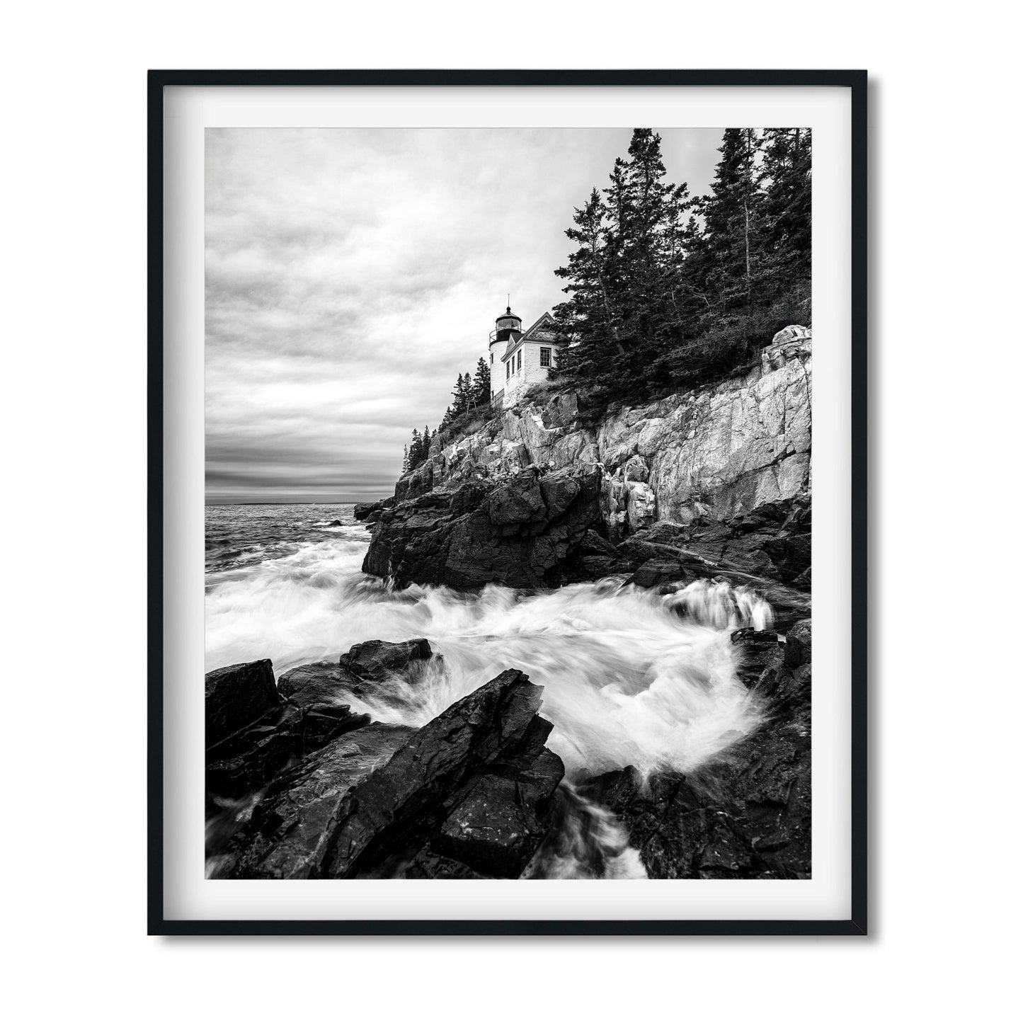 Black and white fine art print of Rainy Morning at Bass Harbor Head Light in Maine