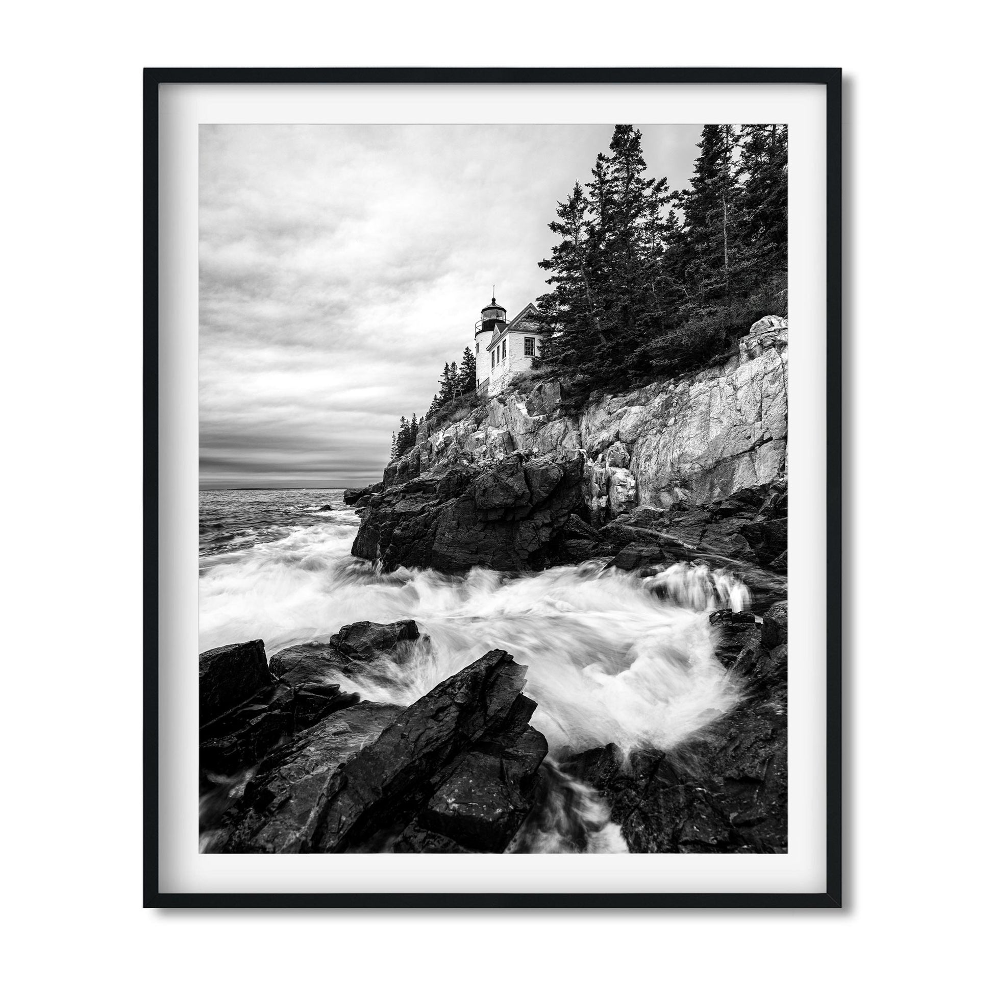 Black and white fine art print of Rainy Morning at Bass Harbor Head Light in Maine