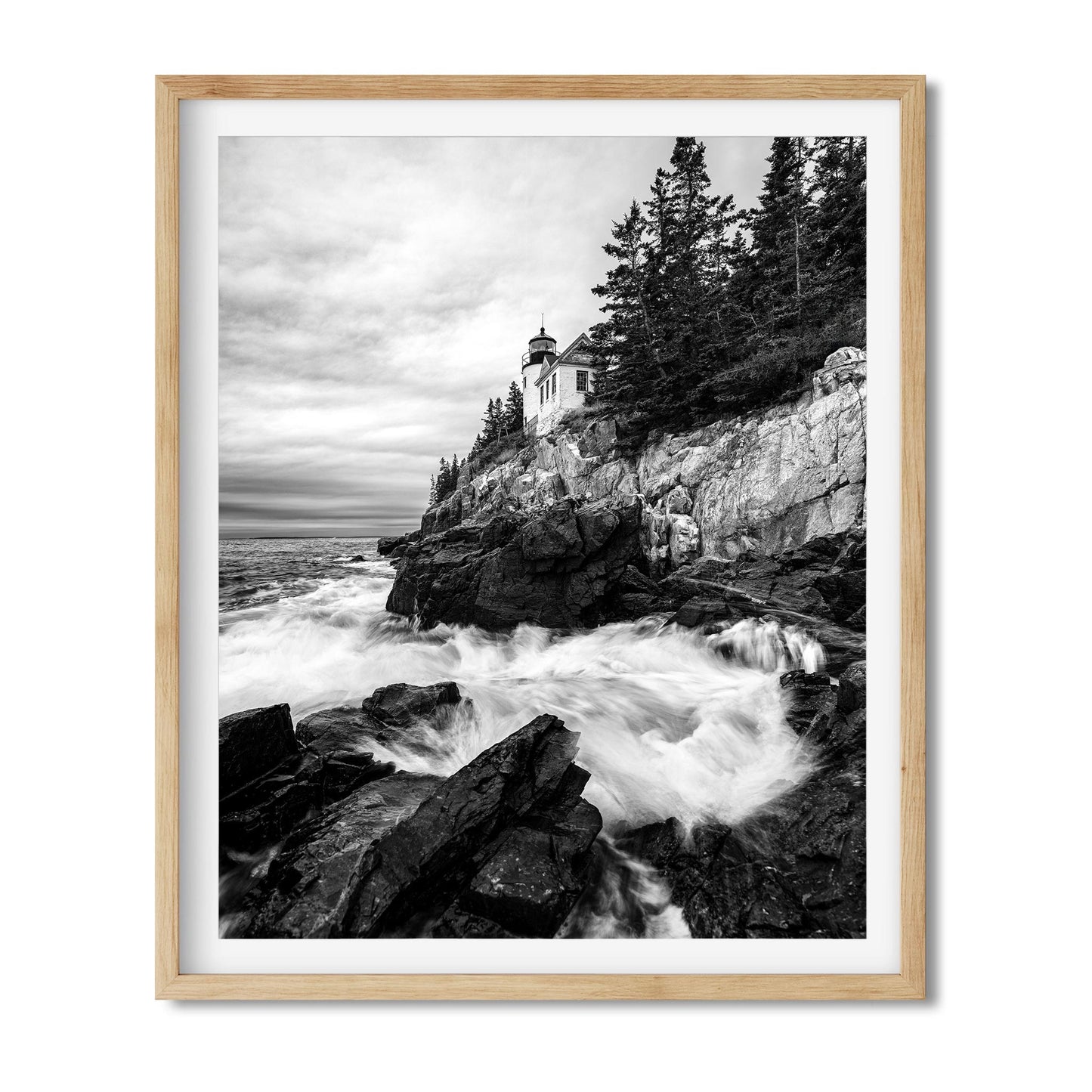 Black and white fine art print of Rainy Morning at Bass Harbor Head Light in Maine