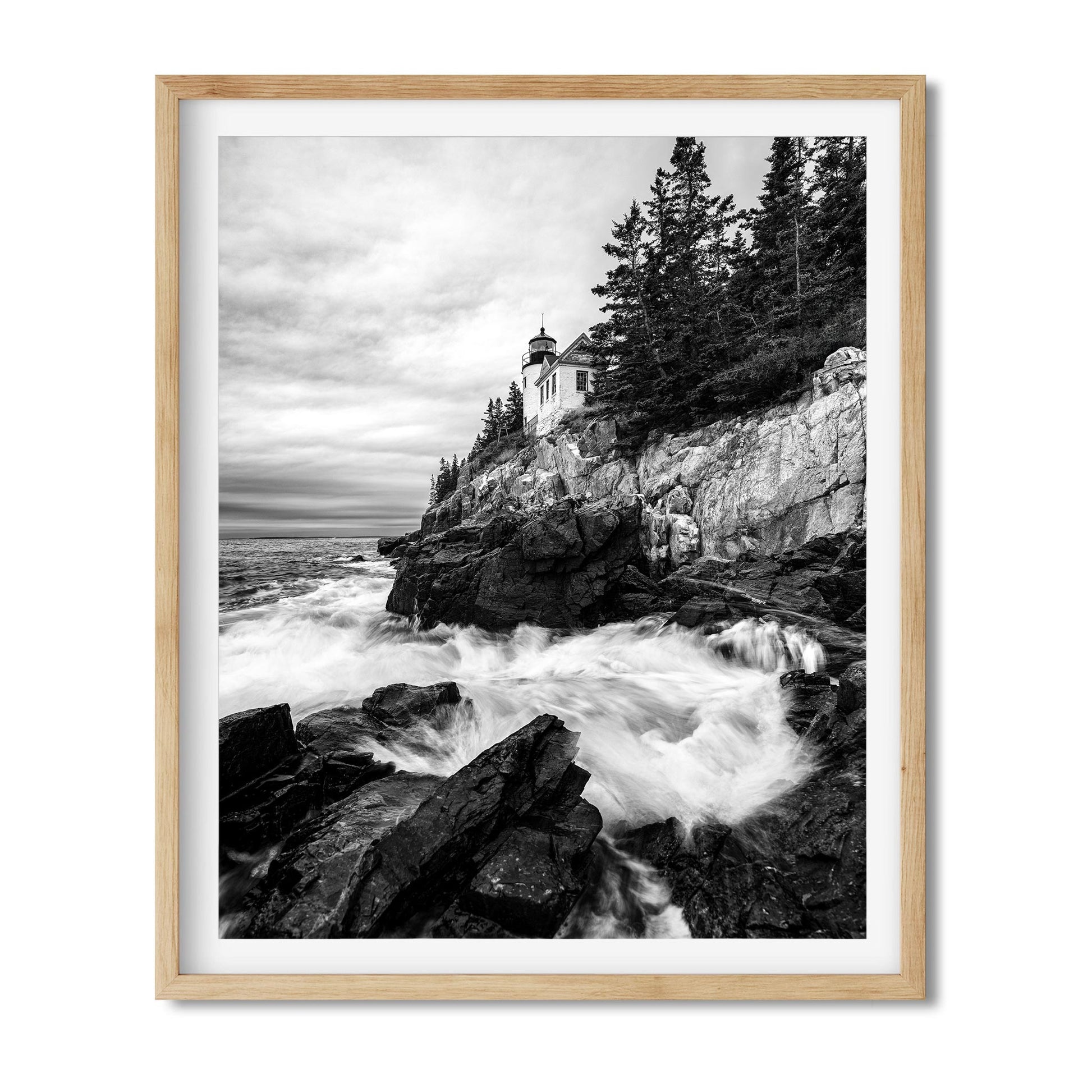 Black and white fine art print of Rainy Morning at Bass Harbor Head Light in Maine