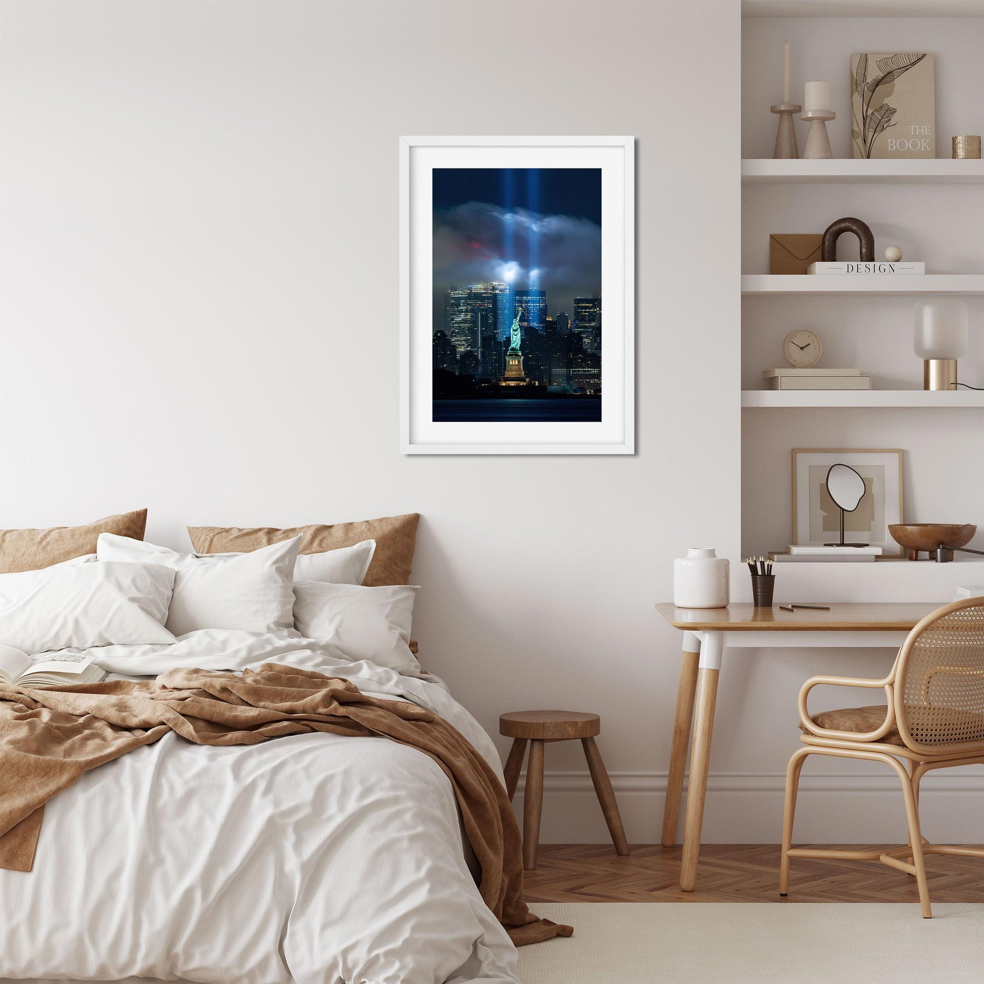 Fine art print of 911 Tribute in Light and Statue of Liberty NYC