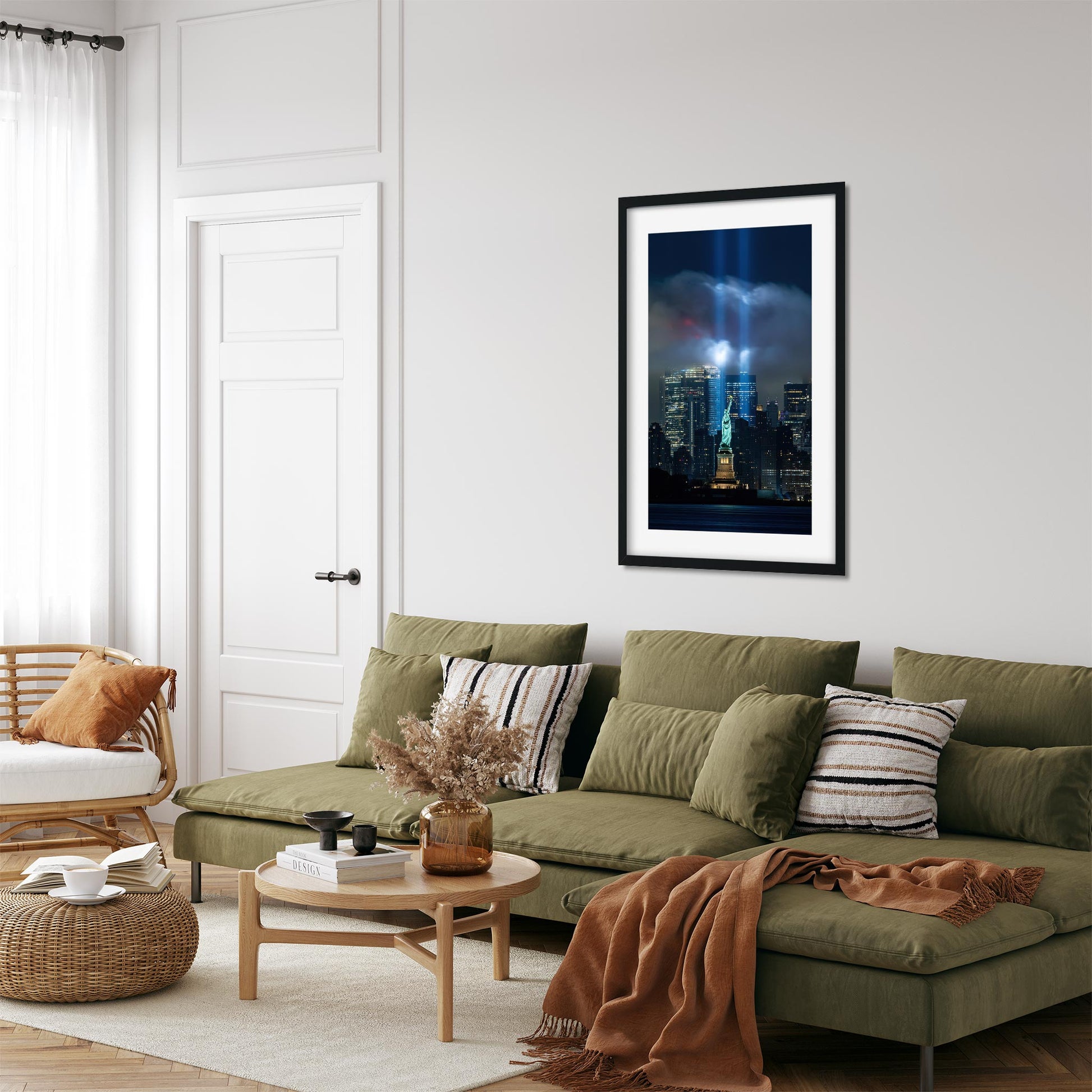 Fine art print of 911 Tribute in Light and Statue of Liberty NYC