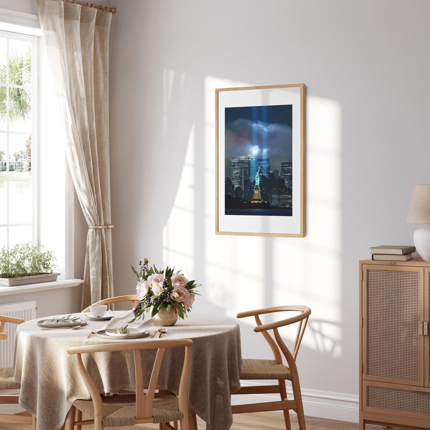 Fine art print of 911 Tribute in Light and Statue of Liberty NYC