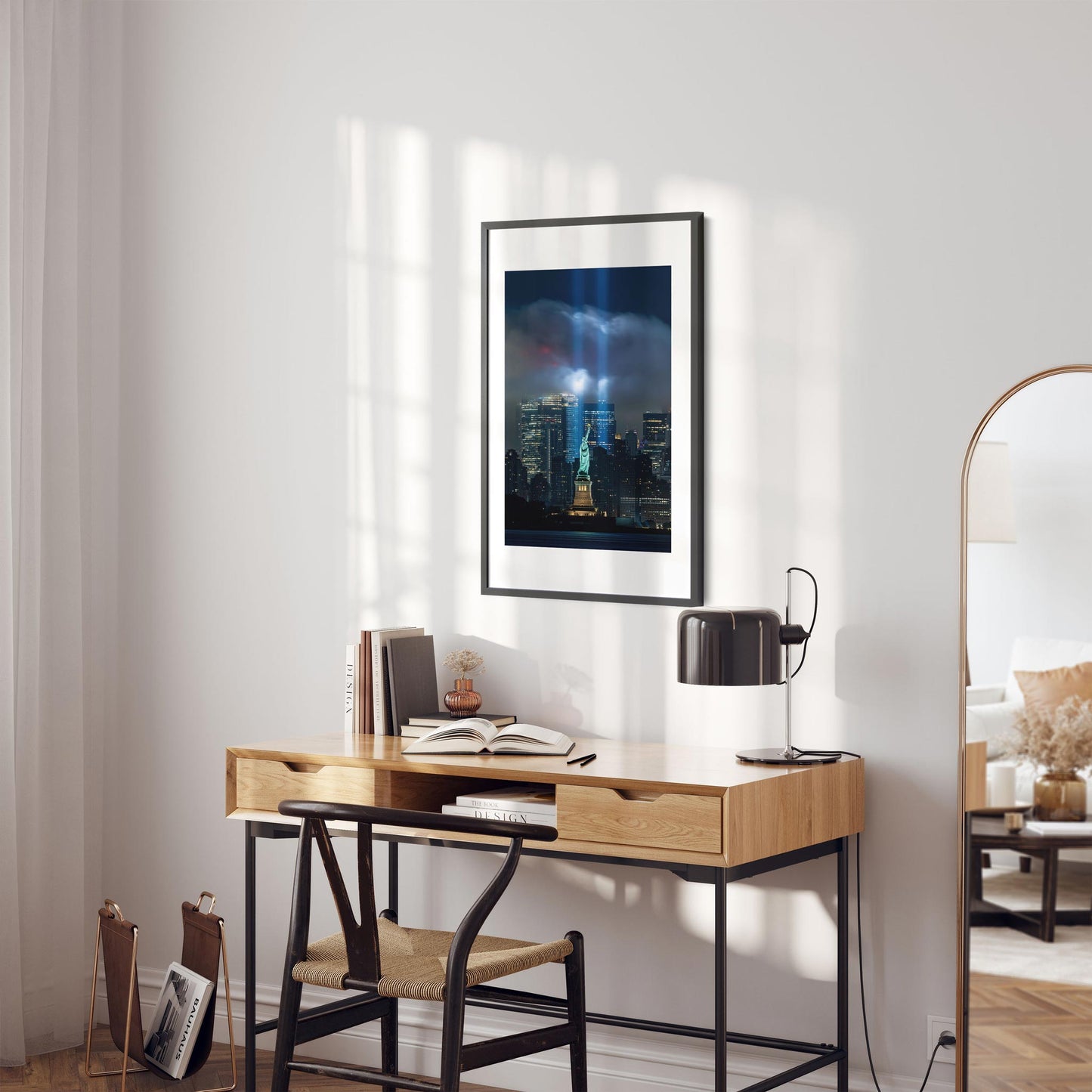 Fine art print of 911 Tribute in Light and Statue of Liberty NYC