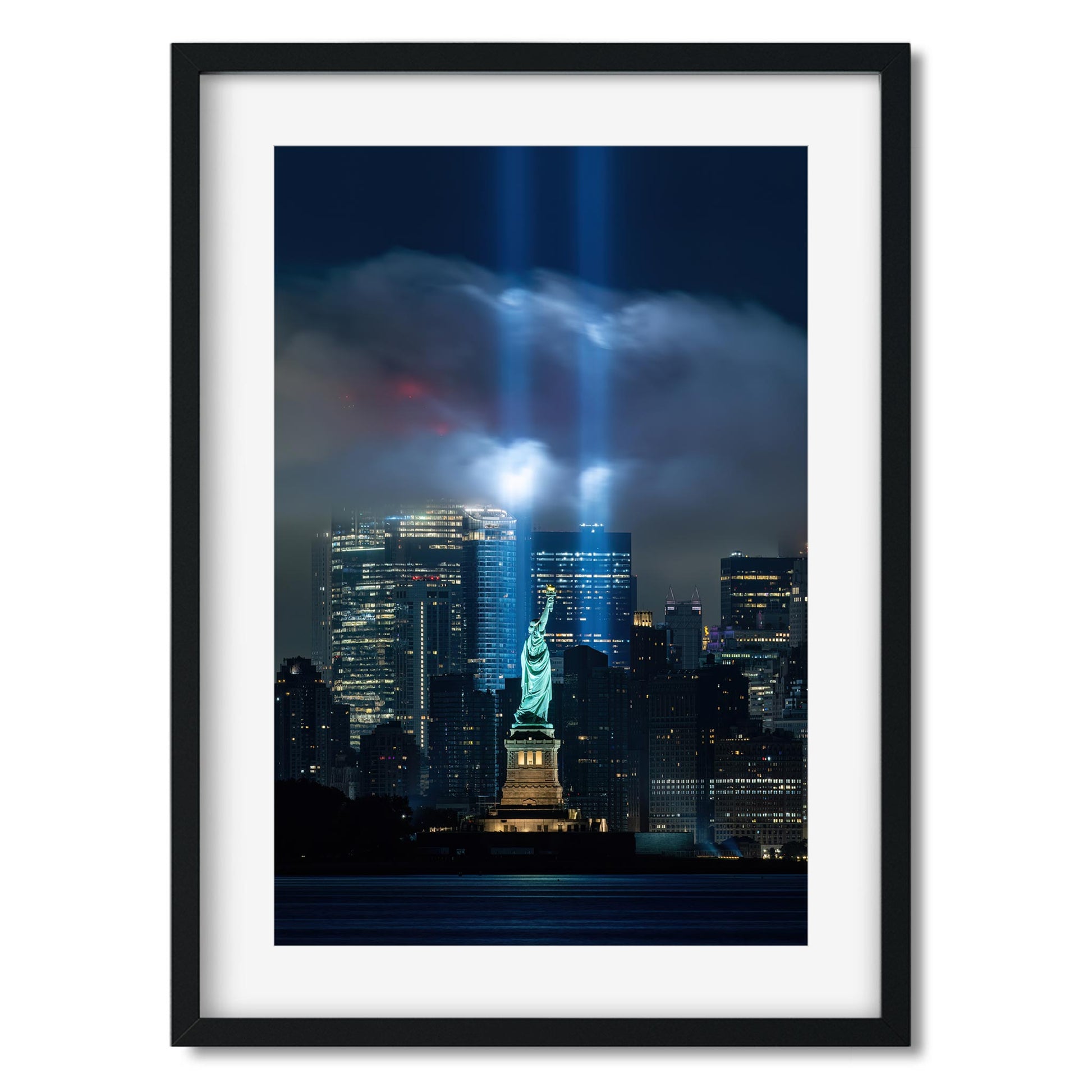 Fine art print of 911 Tribute in Light and Statue of Liberty NYC