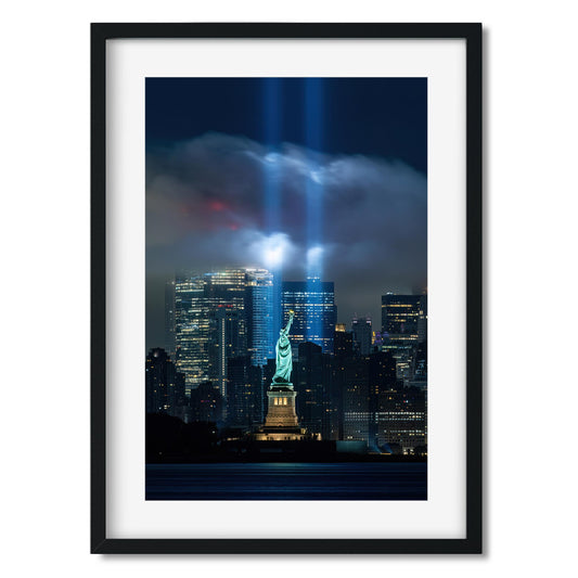 Fine art print of 911 Tribute in Light and Statue of Liberty NYC