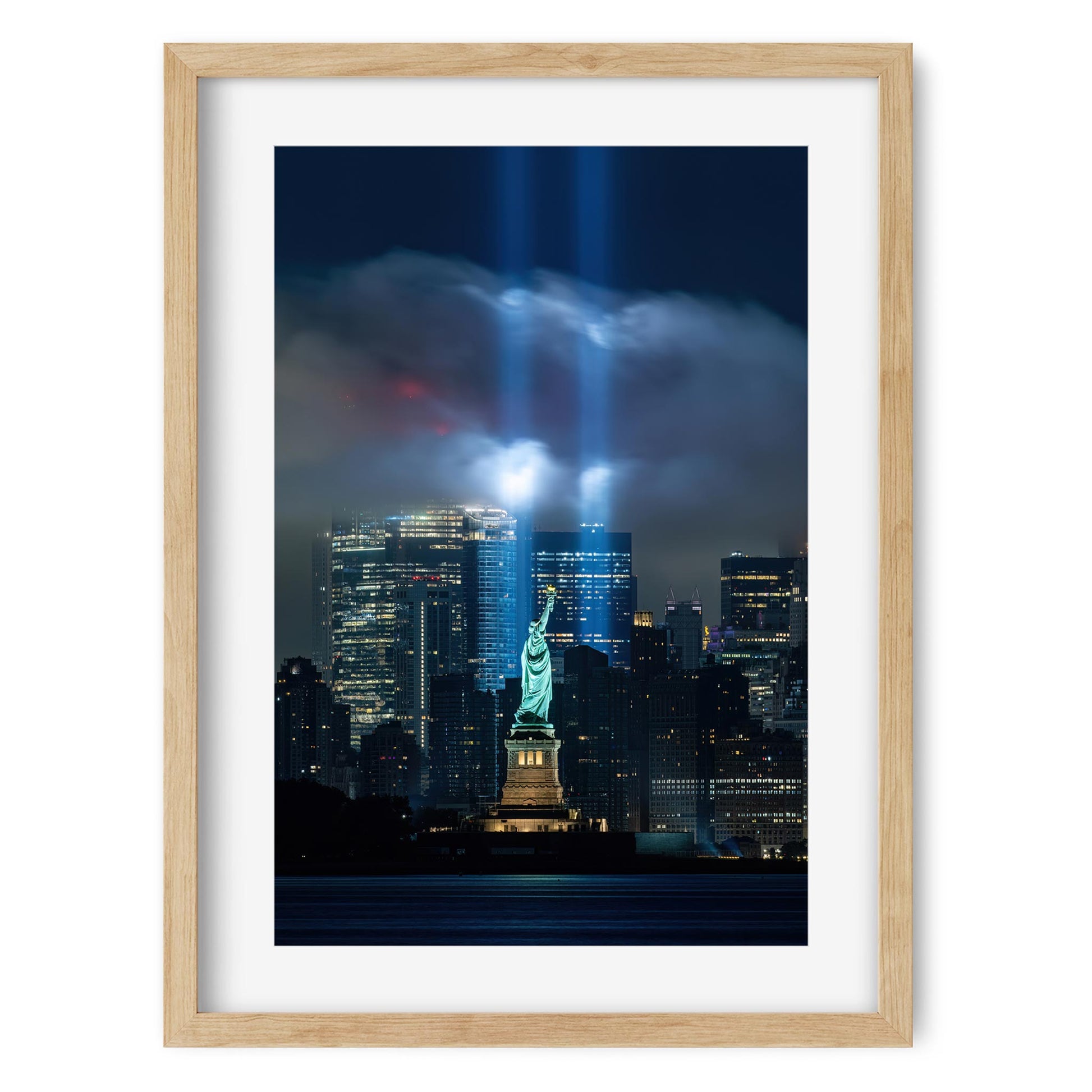 Fine art print of 911 Tribute in Light and Statue of Liberty NYC