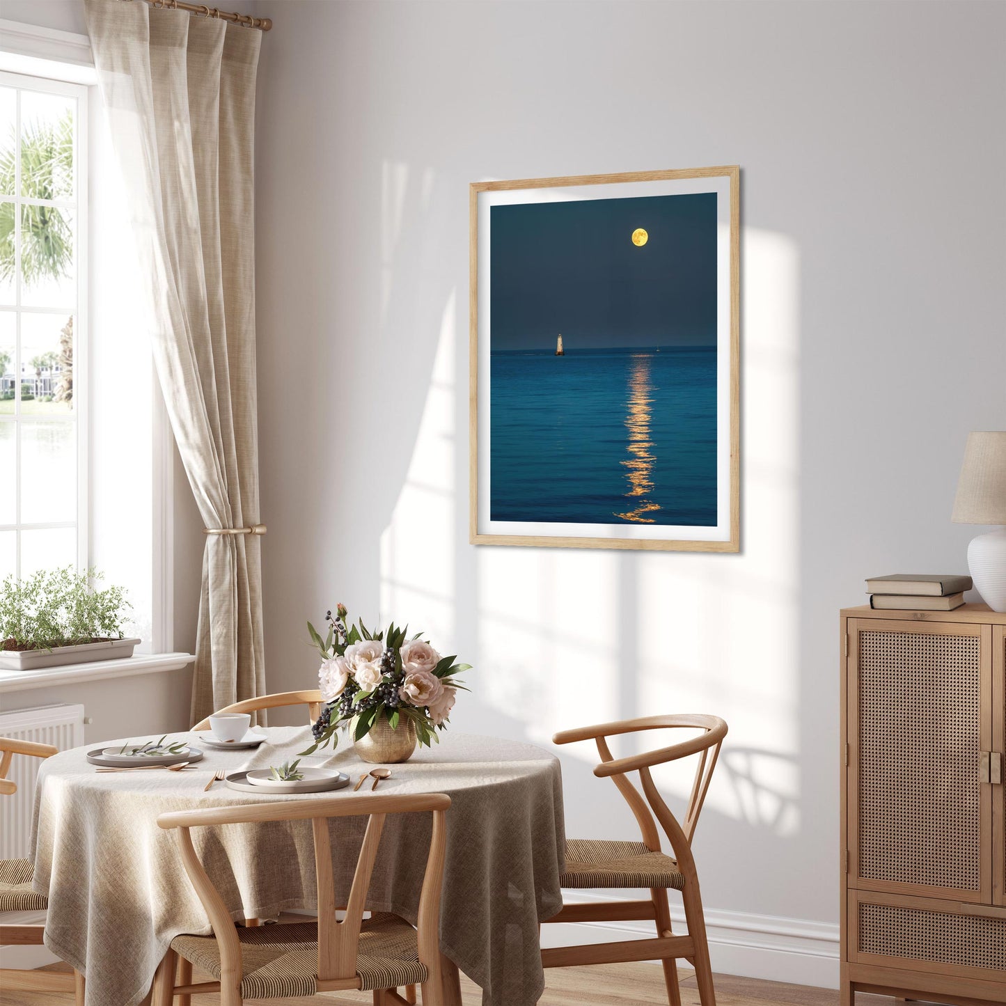 Fine art print of Moon Rising over Great Beds Lighthouse in New Jersey 