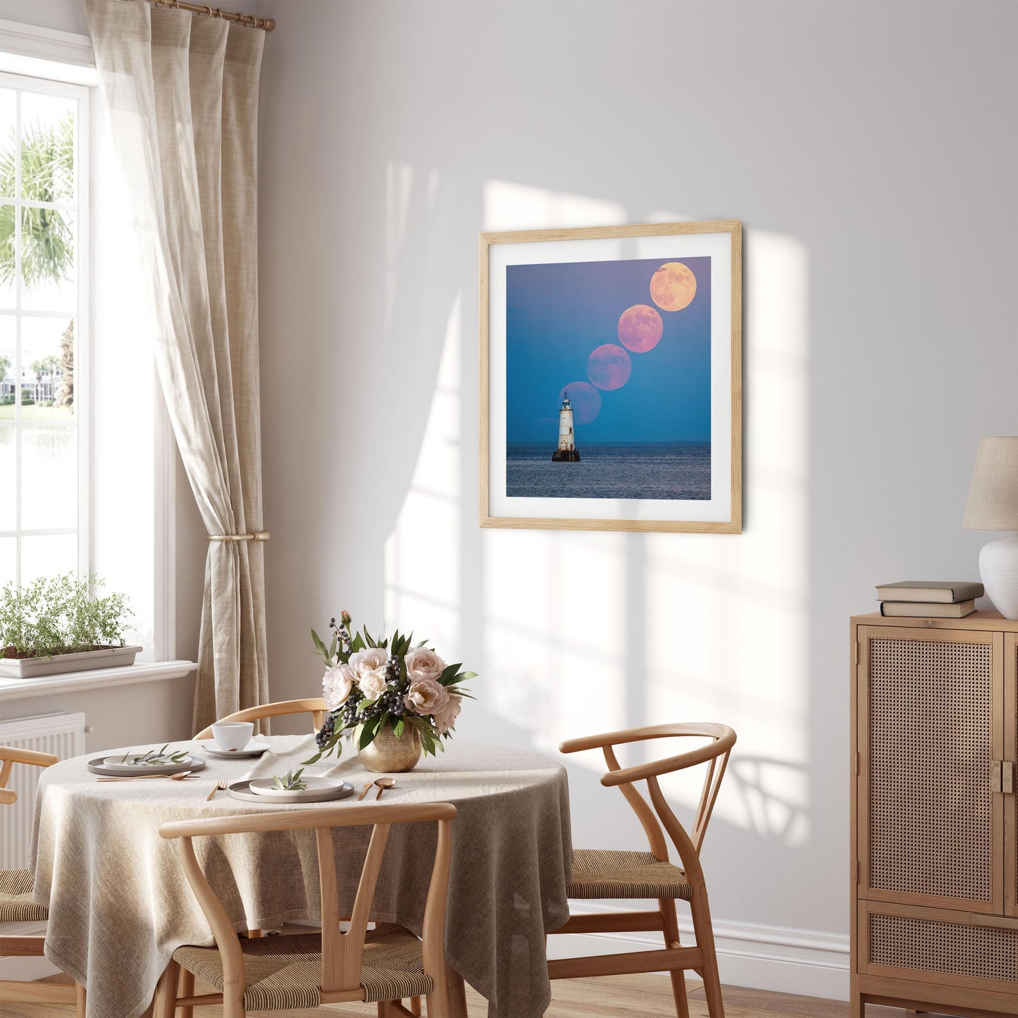 Fine art print of Full Moon Rising over Great Beds Lighthouse in Raritan Bay New Jersey
