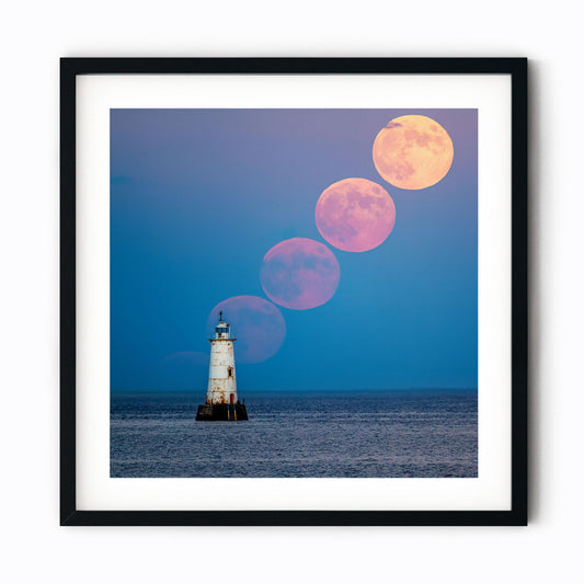 Fine art print of Full Moon Rising over Great Beds Lighthouse in Raritan Bay New Jersey