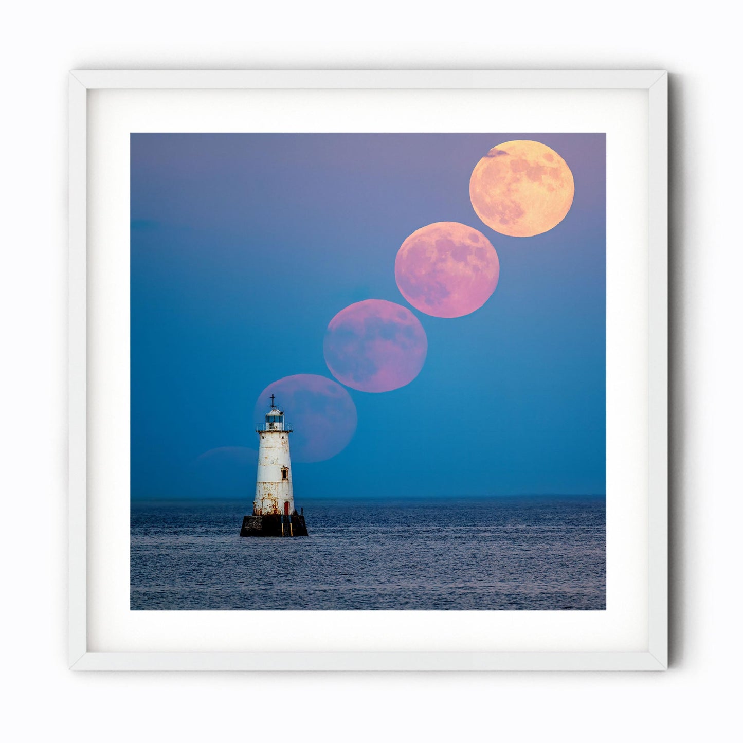 Fine art print of Full Moon Rising over Great Beds Lighthouse in Raritan Bay New Jersey
