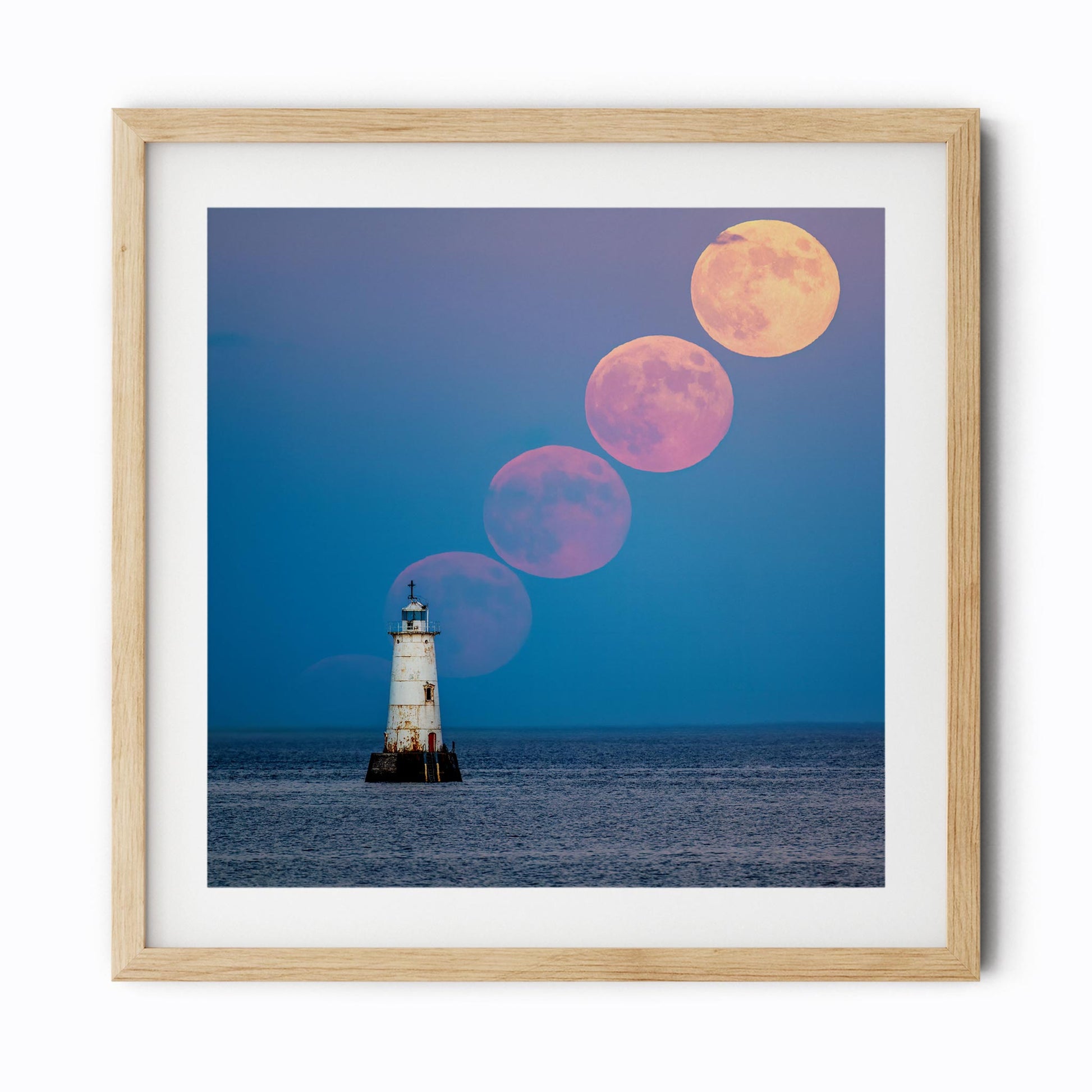 Fine art print of Full Moon Rising over Great Beds Lighthouse in Raritan Bay New Jersey