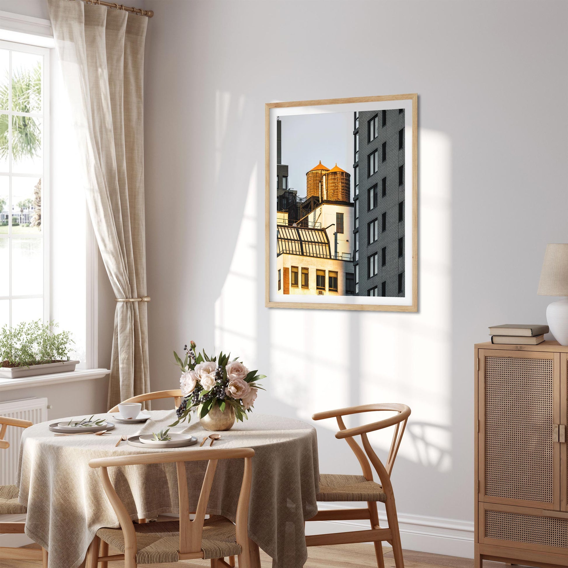 Fine art print of Twin Wood Water Tower in Hell's Kitchen Manhattan at Sunset 