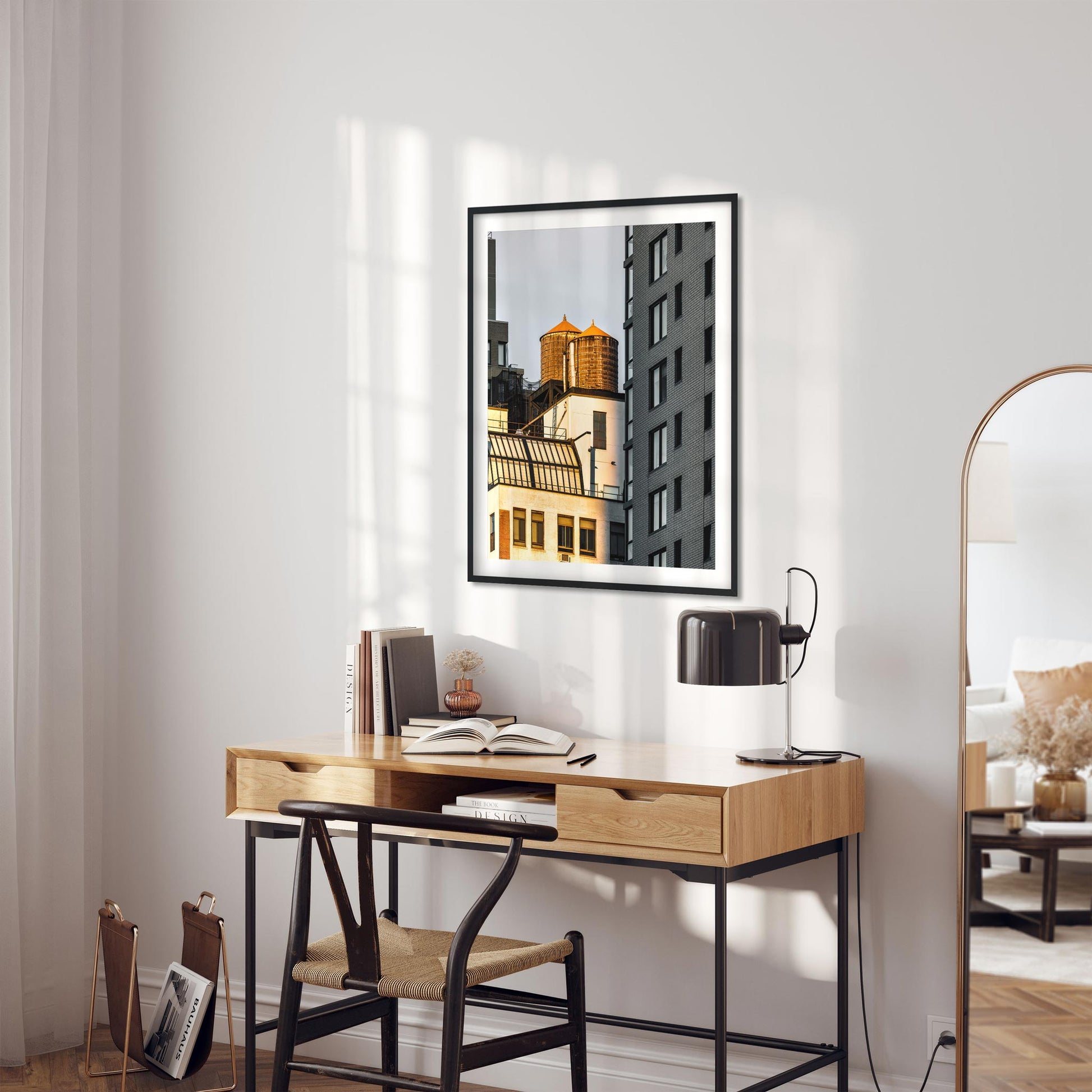 Fine art print of Twin Wood Water Tower in Hell's Kitchen Manhattan at Sunset 